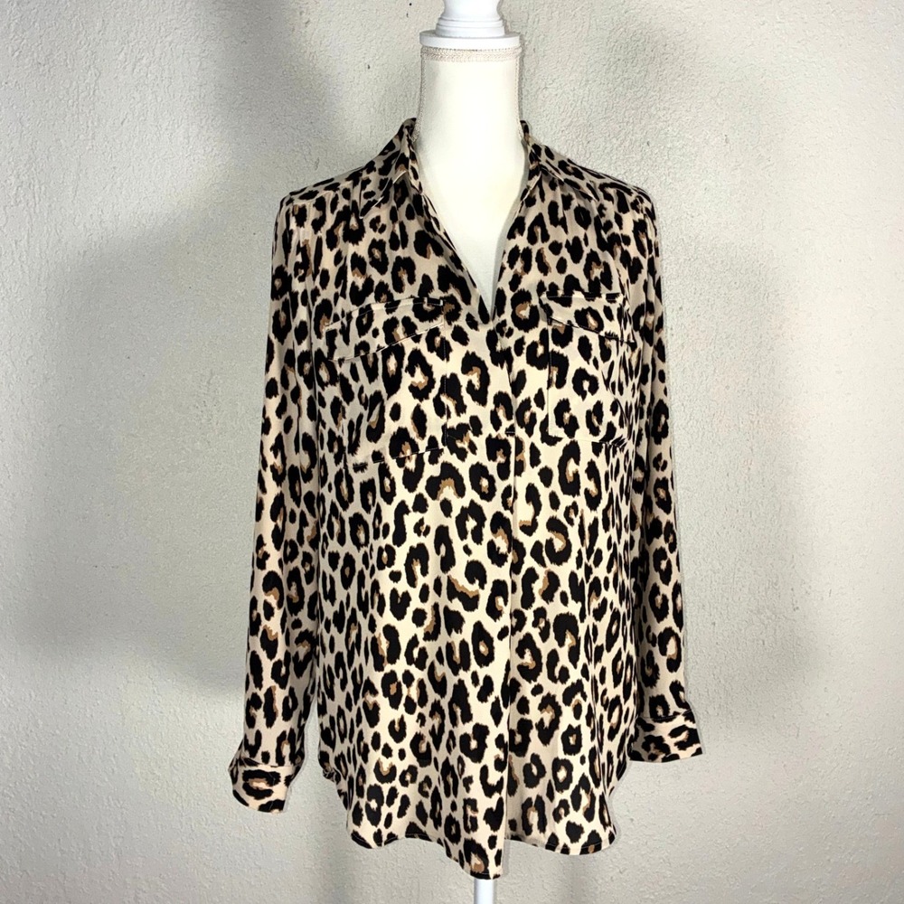 Ann Taylor Womens Small Leopard Print Button Down Blouse Long Sleeve Tan Black